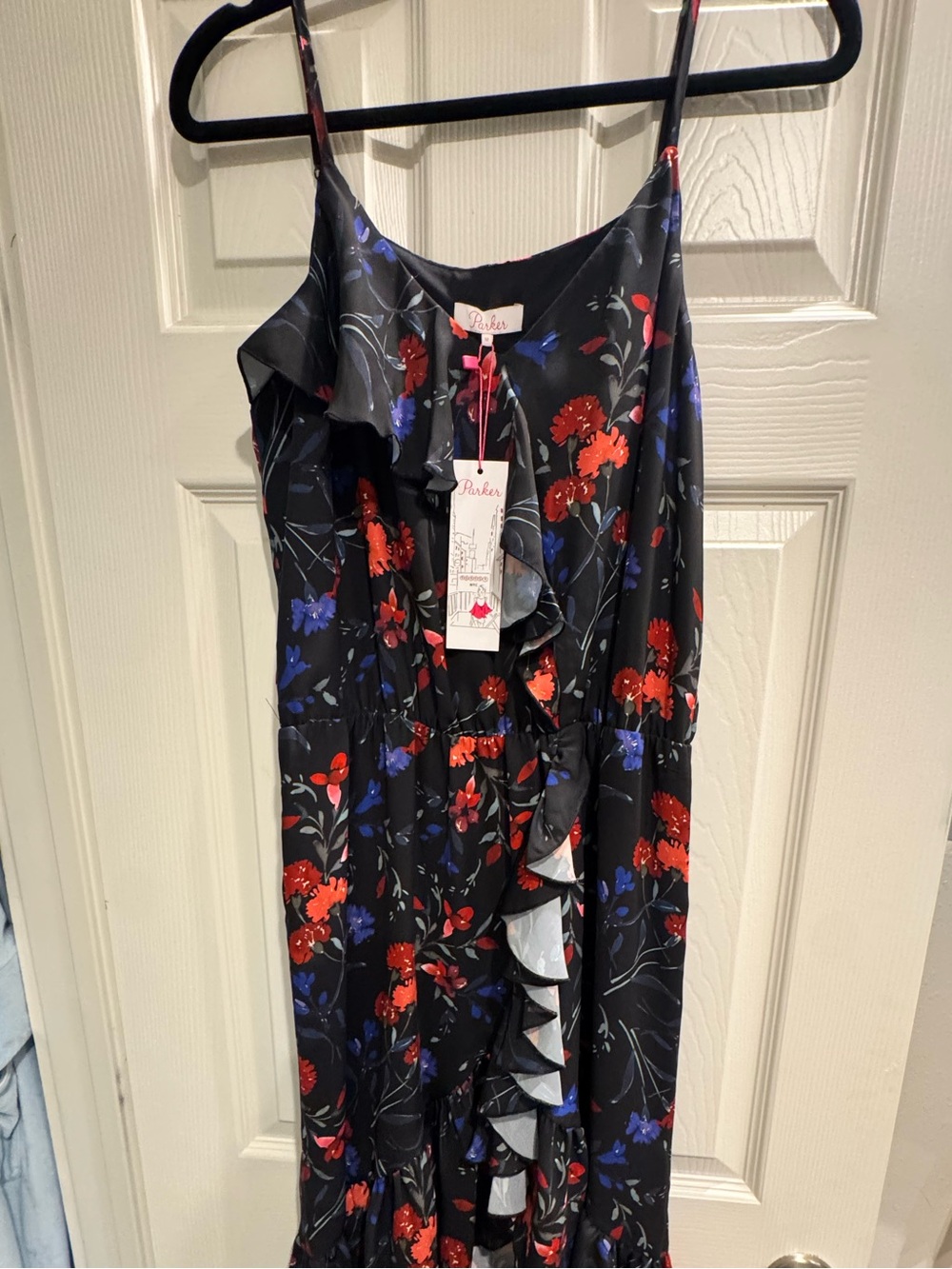 Parker Black Floral Ruffle Dress with Red & Blue Blooms